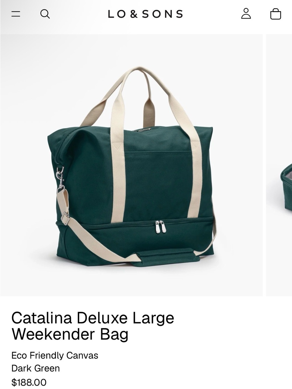 Lo & Sons Canvas Weekender Bag in Dark Green with Cream Straps